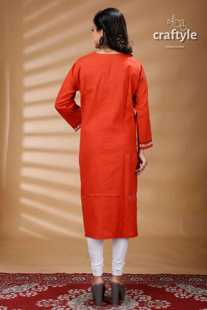 Terracotta color reverse kantha cotton kurti for women red long-sleeved kurta 5