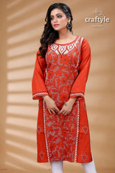 Terracotta color reverse kantha cotton kurti for women red embroidered tunic 2