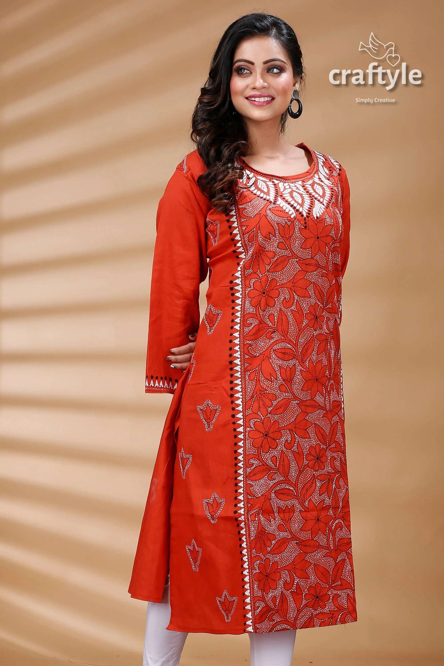 Terracotta color reverse kantha cotton kurti for women orange embroidered kurta 4