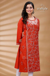 Terracotta color reverse kantha cotton kurti for women orange embroidered kurta 4