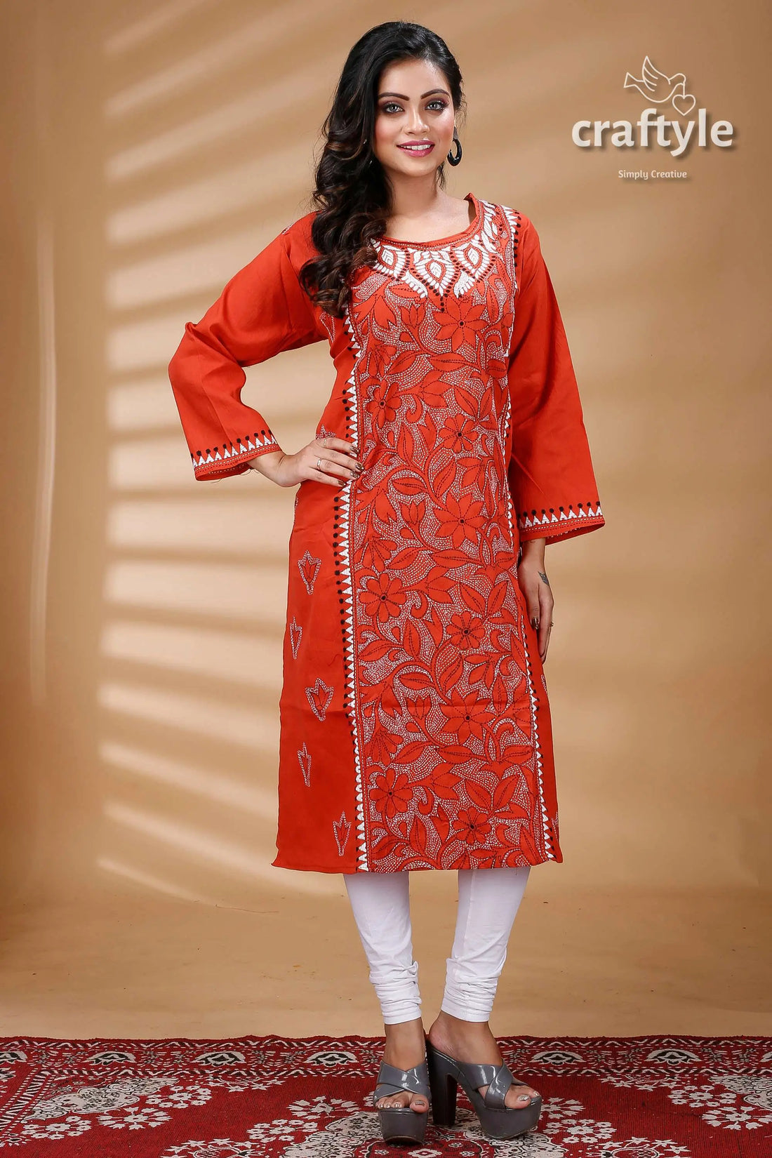Terracotta color reverse kantha cotton kurti for women orange embroidered kurta 1