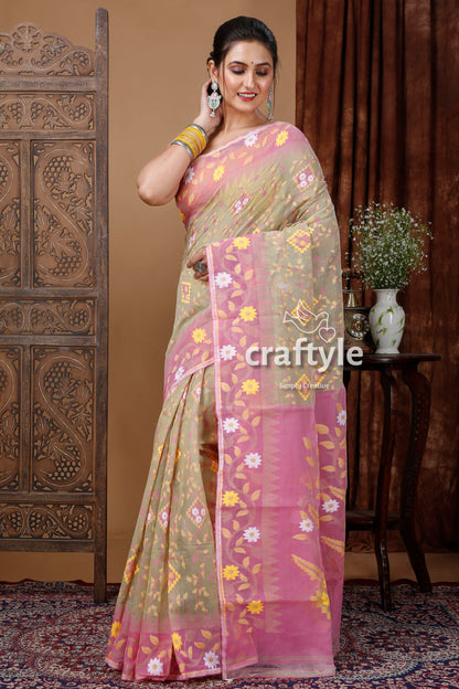 Thistle Green and Pink Intricate Jamdani Saree - Craftyle