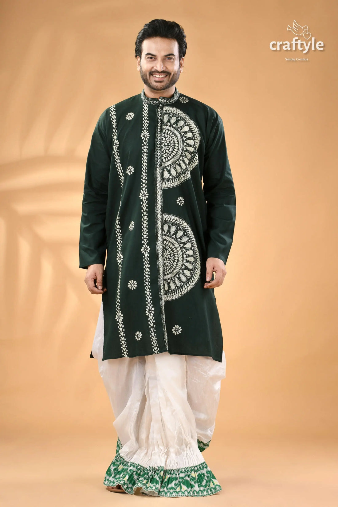 Tiber green exquisite kantha stitch cotton kurta for men dark green embroidered kurta white 1