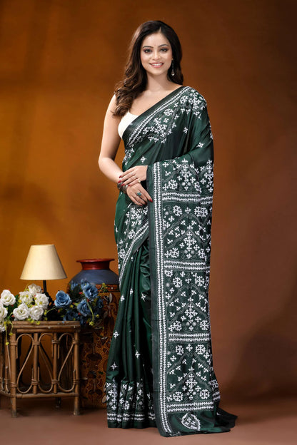 Timber green ethnic motif handcrafted gujrati stitch silk saree dark green silk saree adorned 1