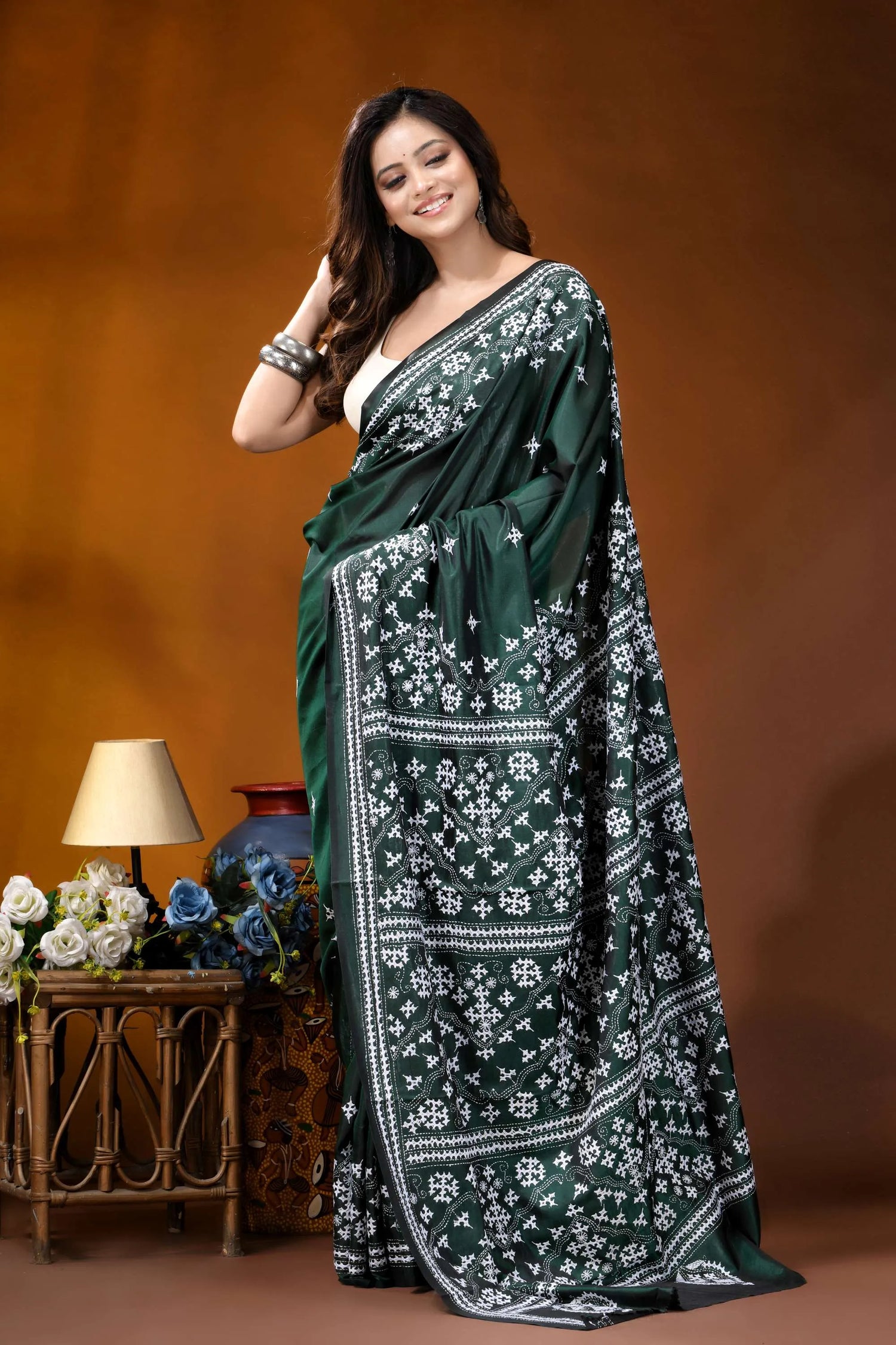 Timber green ethnic motif handcrafted gujrati stitch silk saree dark green saree intricate white 5