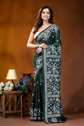 Timber green ethnic motif handcrafted gujrati stitch silk saree dark green saree intricate white 6