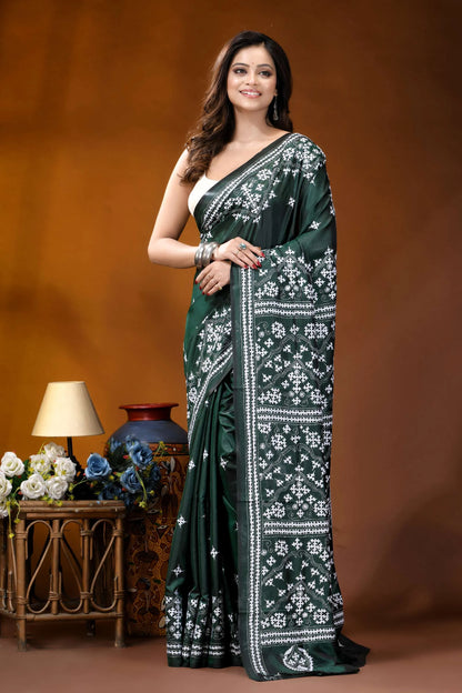 Timber green ethnic motif handcrafted gujrati stitch silk saree dark green saree intricate white 6