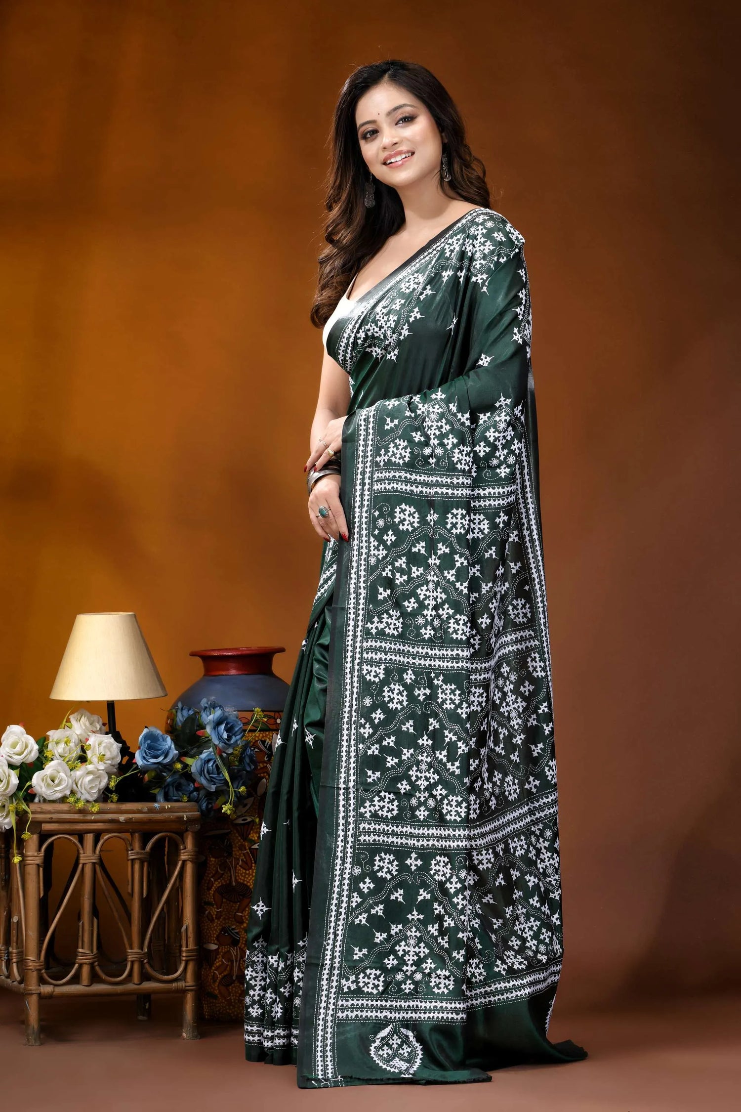 Timber green ethnic motif handcrafted gujrati stitch silk saree dark green saree intricate white 3