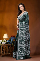 Timber green ethnic motif handcrafted gujrati stitch silk saree dark green saree intricate white 3