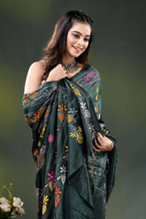 Timber green floral design hand embroidered silk kantha stitch saree 2