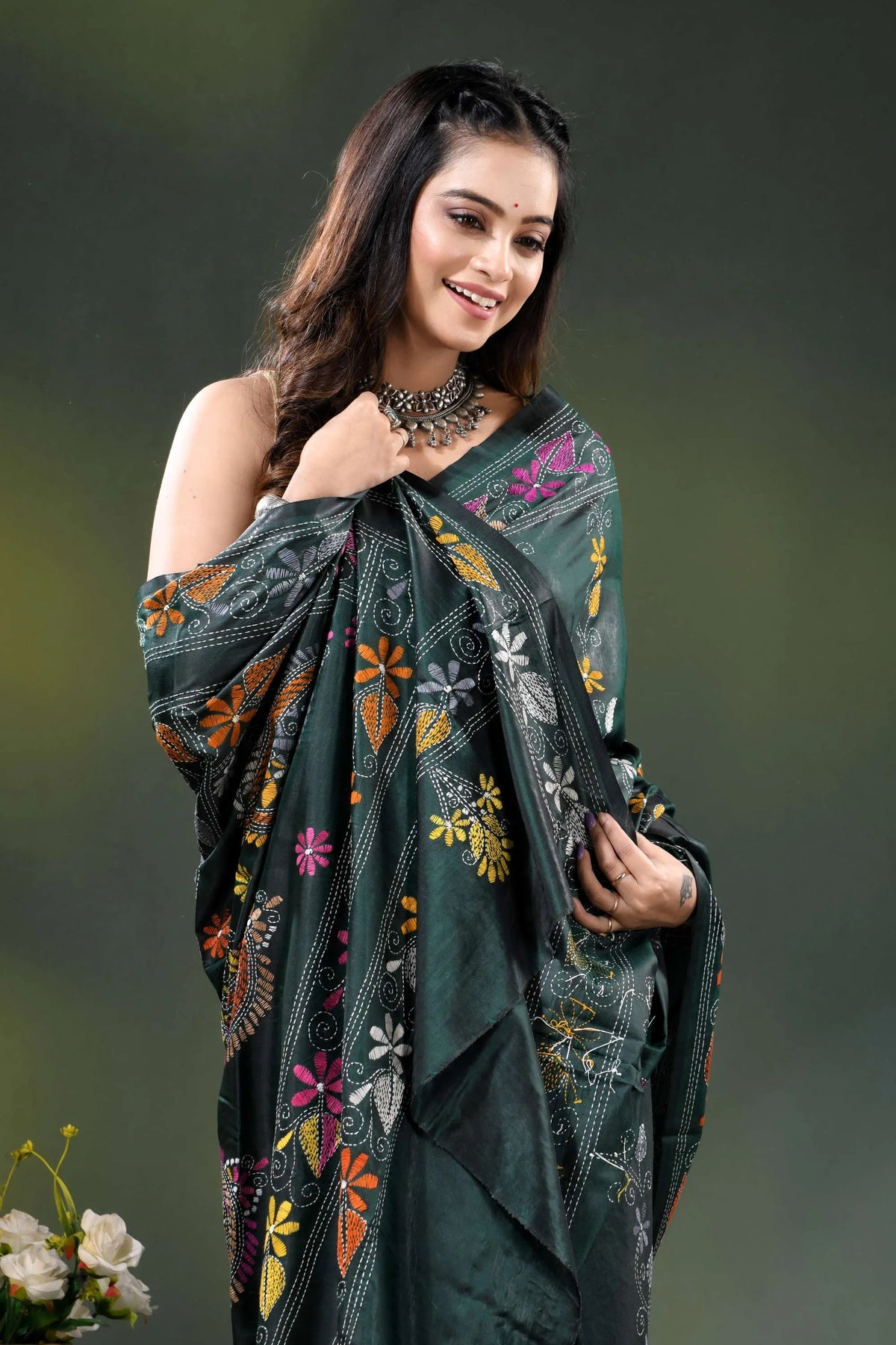 Timber green floral design hand embroidered silk kantha stitch saree 2