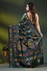 Timber green floral design hand embroidered silk kantha stitch saree 5