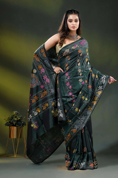 Timber green floral design hand embroidered silk kantha stitch saree 4