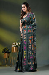 Timber green floral design hand embroidered silk kantha stitch saree 3