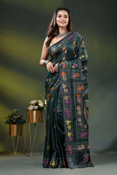 Timber green floral design hand embroidered silk kantha stitch saree 6