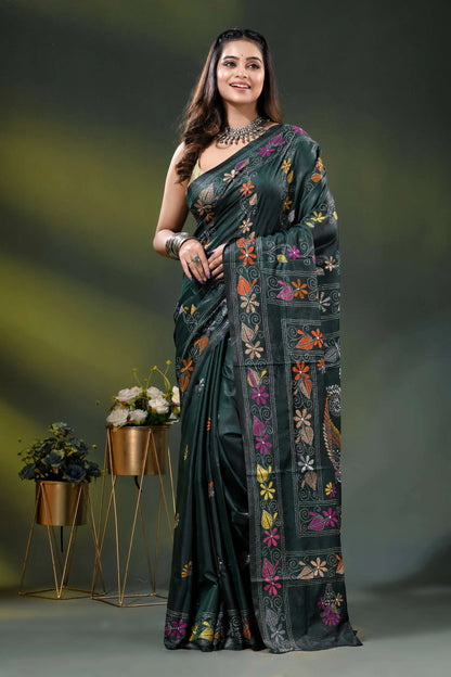 Timber green floral design hand embroidered silk kantha stitch saree 6