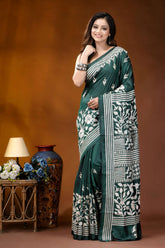 Timber green floral design handcrafted silk kantha stitch saree woman wears deep green silk 6
