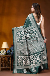 Timber green floral design handcrafted silk kantha stitch saree deep green silk saree intricate 4