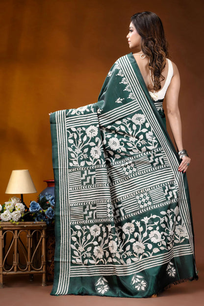 Timber green floral design handcrafted silk kantha stitch saree deep green silk saree intricate 4