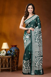 Timber green floral design handcrafted silk kantha stitch saree woman wears deep green saree 1