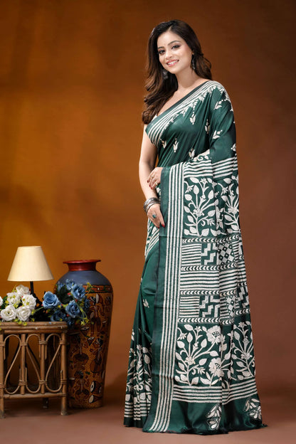 Timber green floral design handcrafted silk kantha stitch saree woman wears deep green silk 3