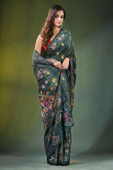 Timber green hand embroidered multicolor floral kantha silk saree dark adorned 4