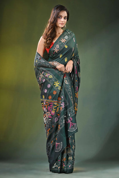 Timber green hand embroidered multicolor floral kantha silk saree dark adorned 4