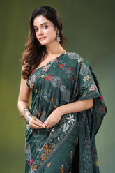 Timber green hand embroidered multicolor floral kantha silk saree emerald intricate 2