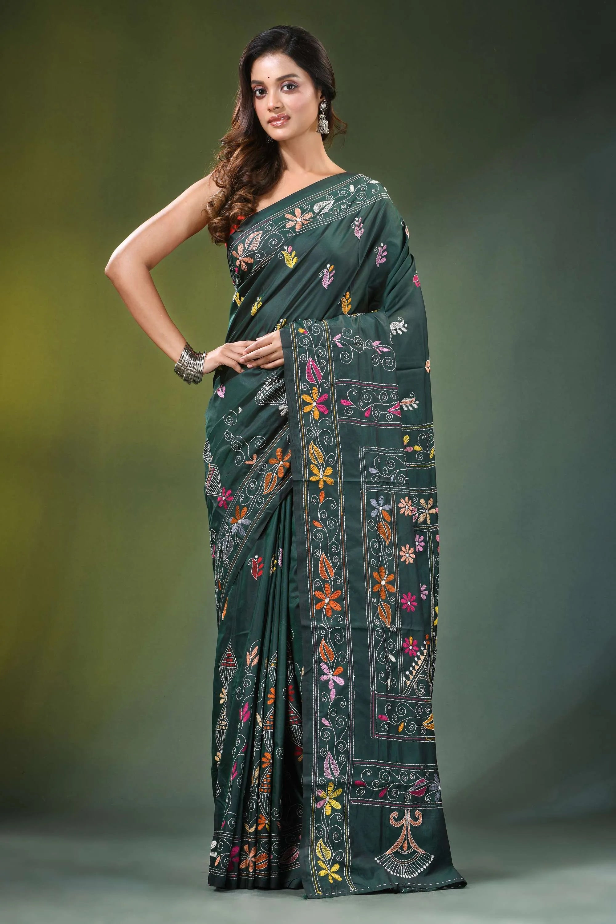 Timber green hand embroidered multicolor floral kantha silk saree dark intricate 1