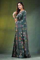 Timber green hand embroidered multicolor floral kantha silk saree dark adorned intricate 3