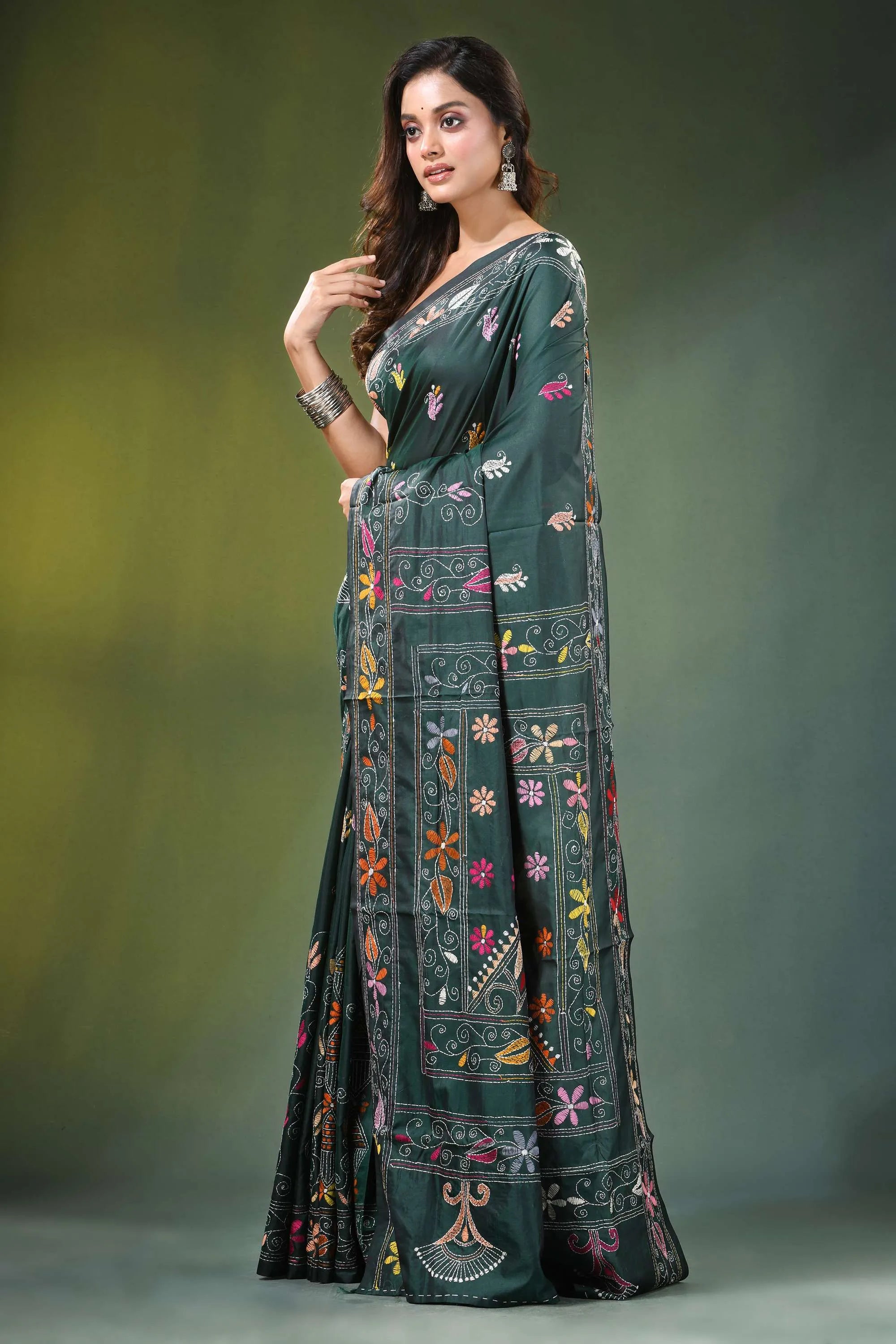 Timber green hand embroidered multicolor floral kantha silk saree dark adorned intricate 3