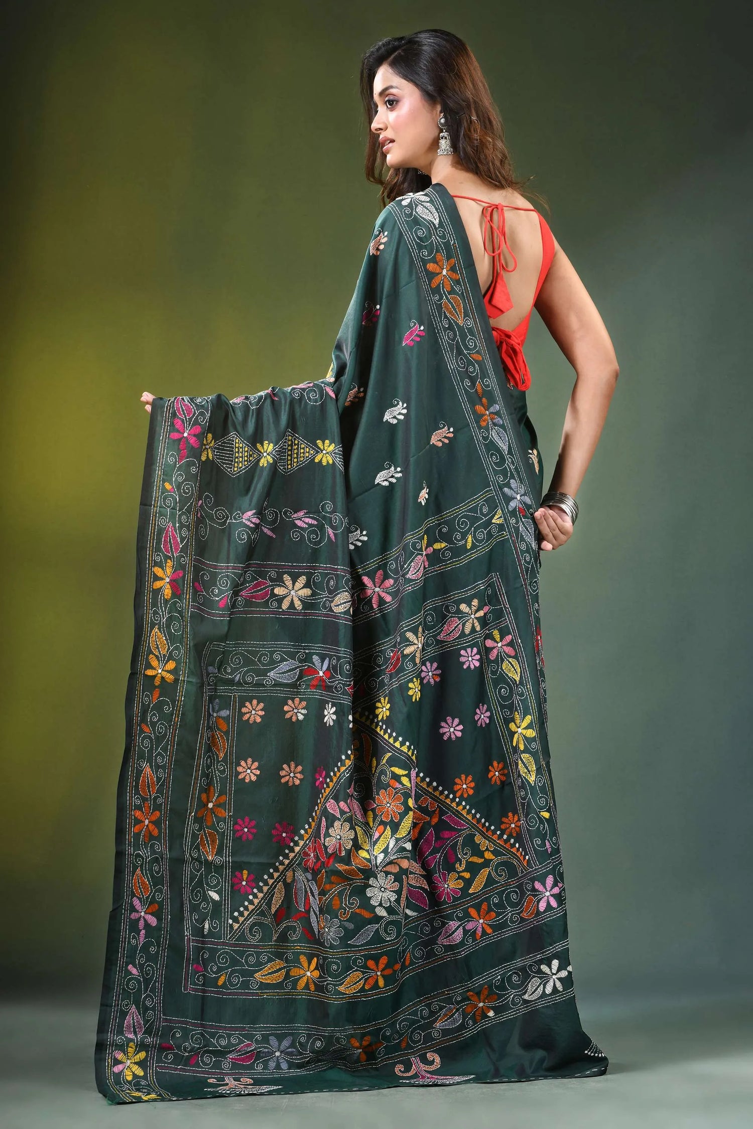 Timber green hand embroidered multicolor floral kantha silk saree dark intricate 5
