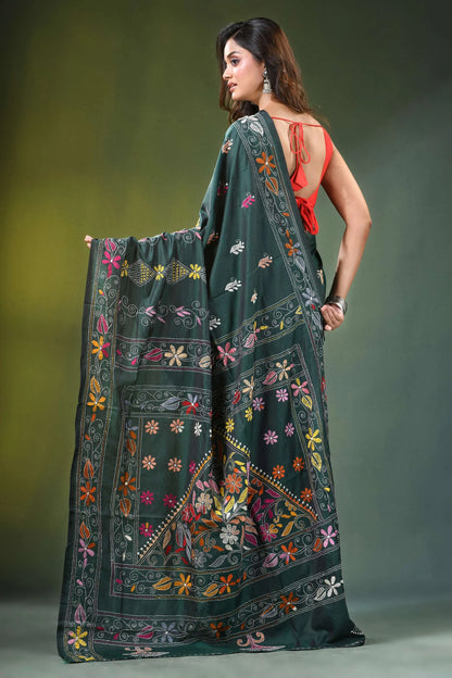 Timber green hand embroidered multicolor floral kantha silk saree dark intricate 5