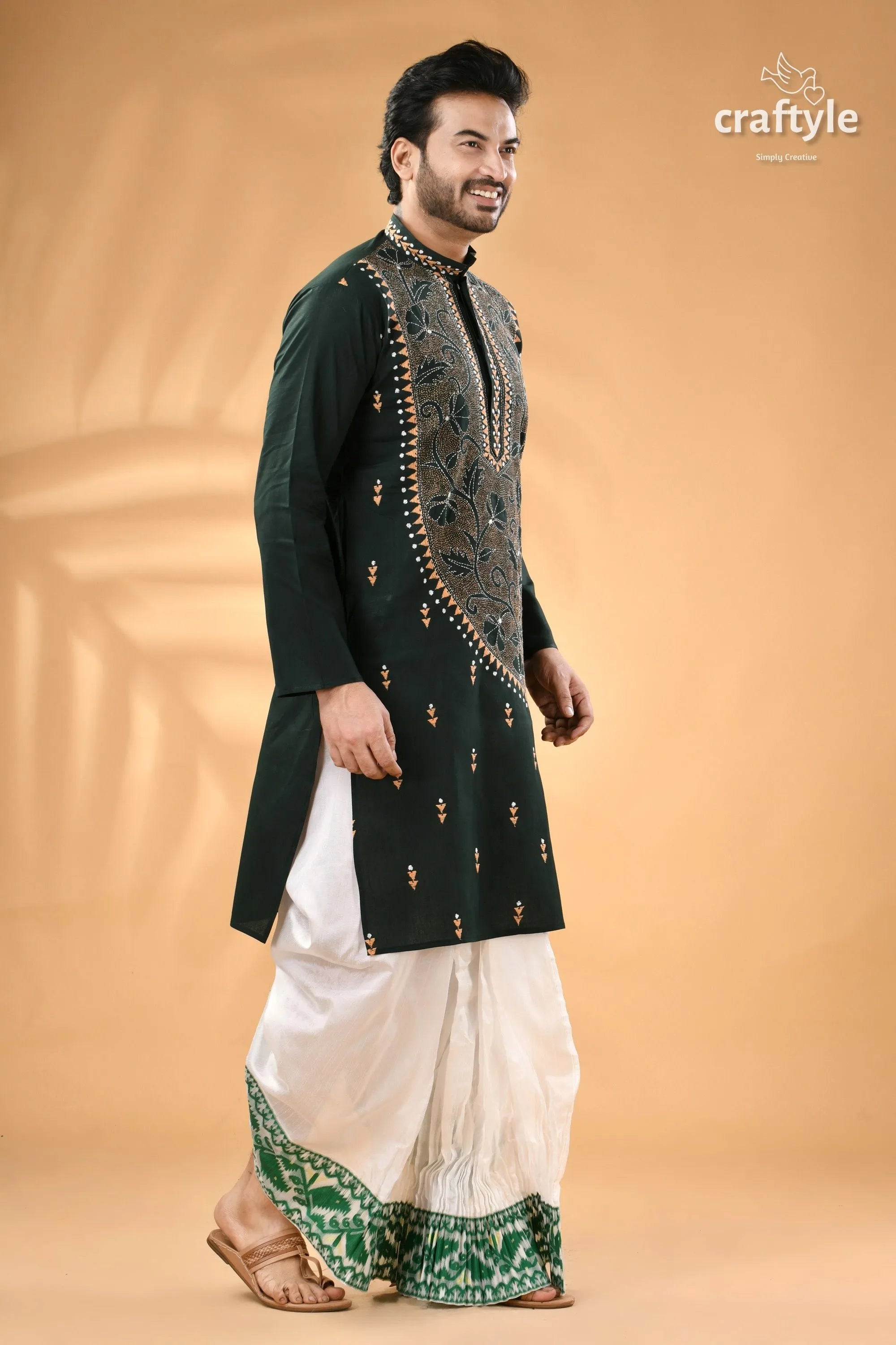 Timber green kantha hand embroidered gents kurta - reverse stitch man dark 3