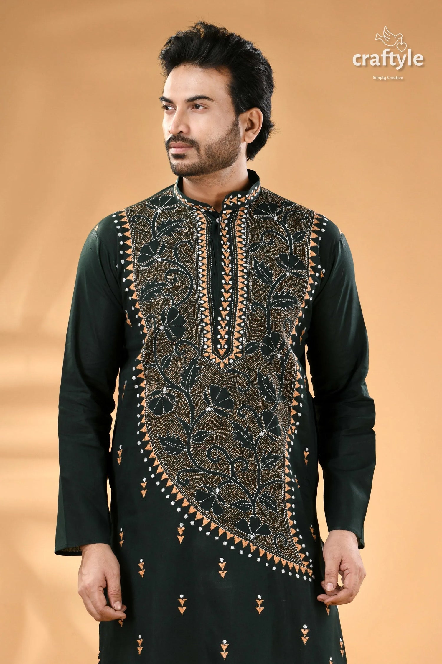 Timber green kantha hand embroidered gents kurta - reverse stitch dark men’s intricate 2