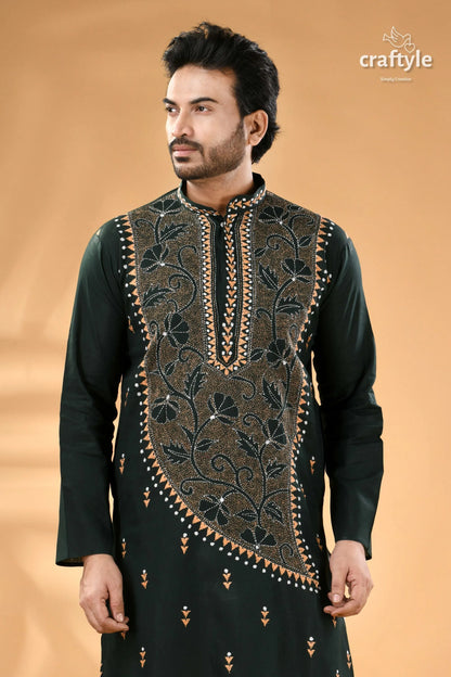 Timber green kantha hand embroidered gents kurta - reverse stitch dark men’s intricate 2