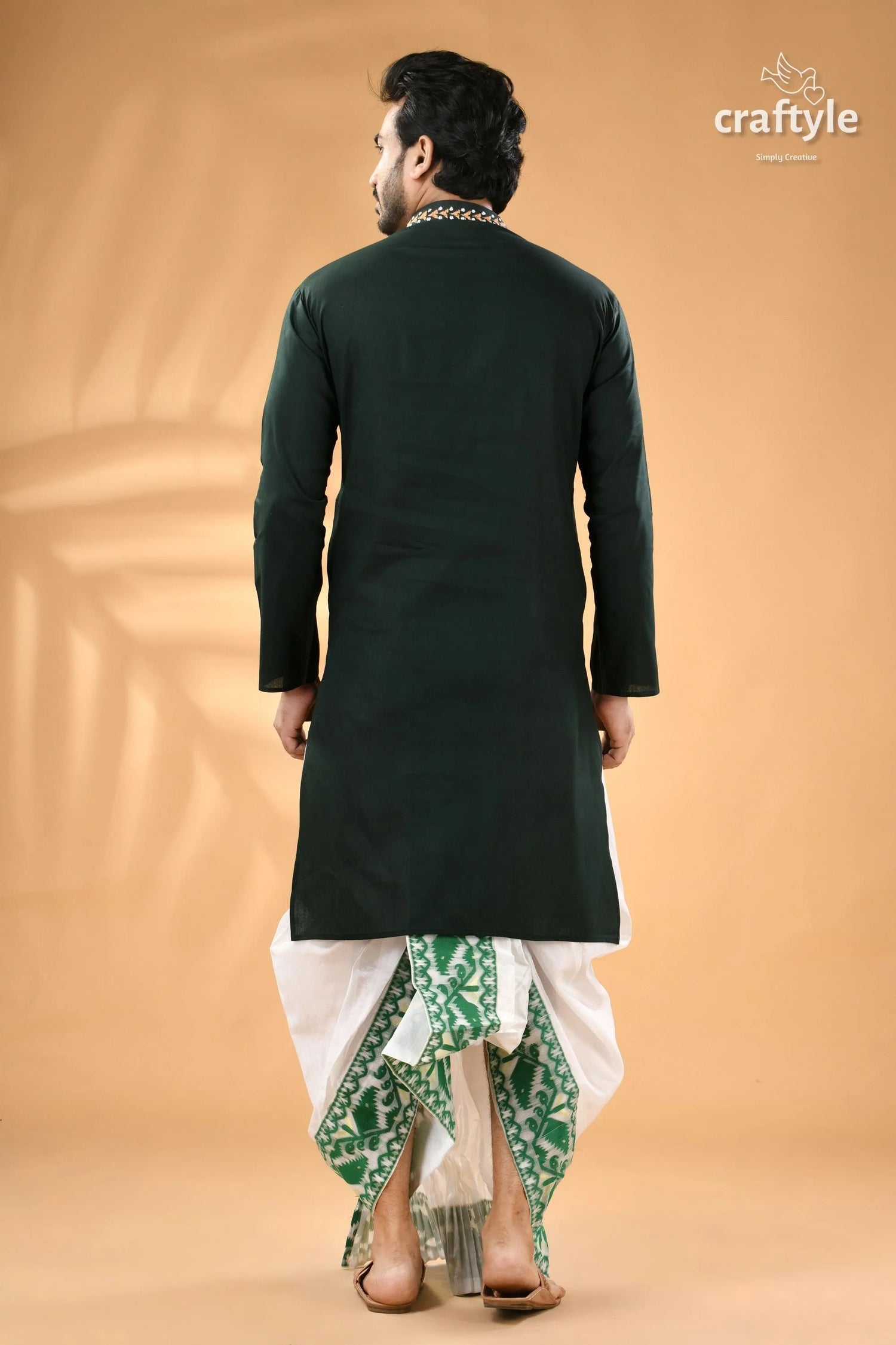 Timber green kantha hand embroidered gents kurta - reverse stitch men’s dark white 6