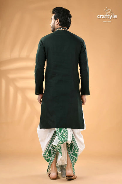 Timber green kantha hand embroidered gents kurta - reverse stitch men’s dark white 6