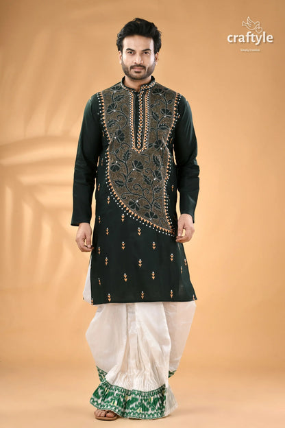 Timber green kantha hand embroidered gents kurta - reverse stitch men’s dark 5