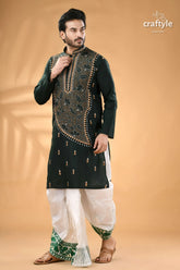 Timber green kantha hand embroidered gents kurta - reverse stitch men’s dark 4