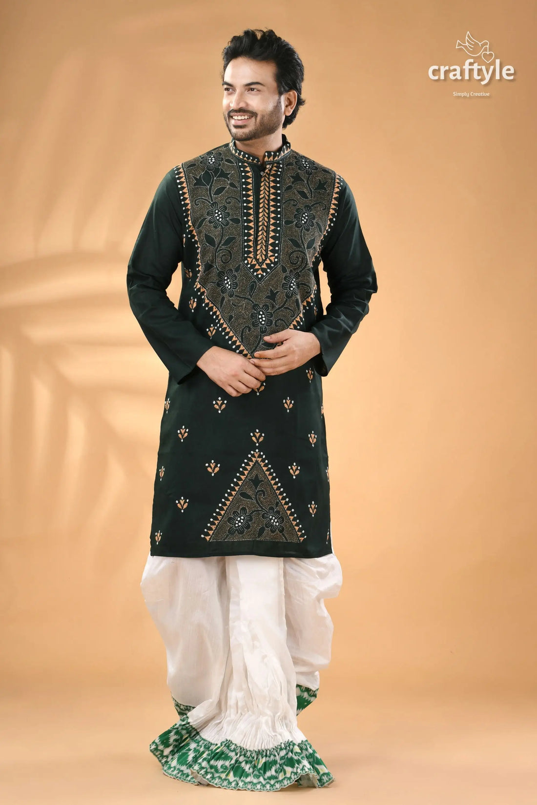 Timber green kantha work cotton kurta for men reverse stitch men’s dark green embroidered kurta 1