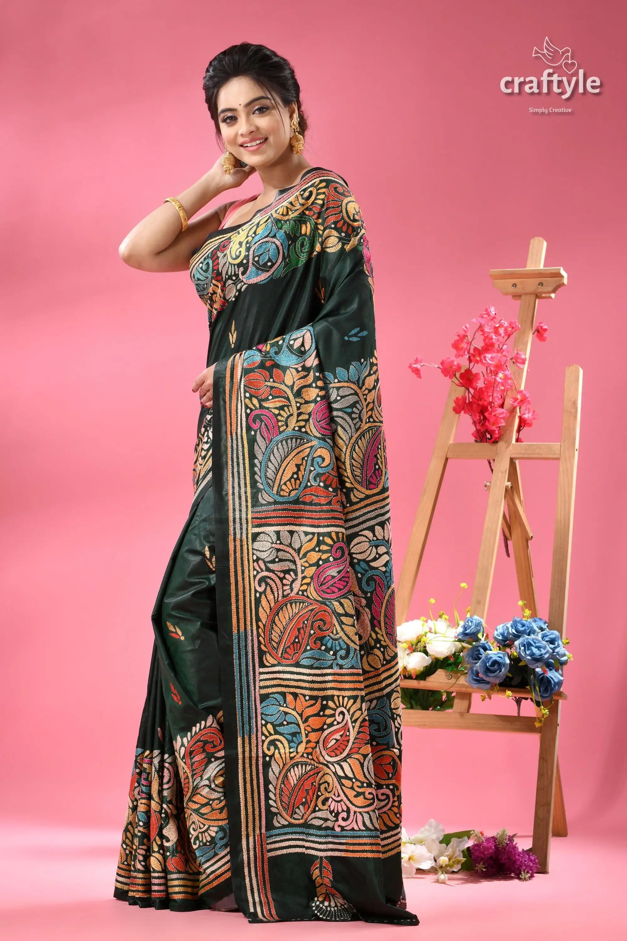 Timber green multi thread beautiful silk kantha saree woman dark green saree colorful 4