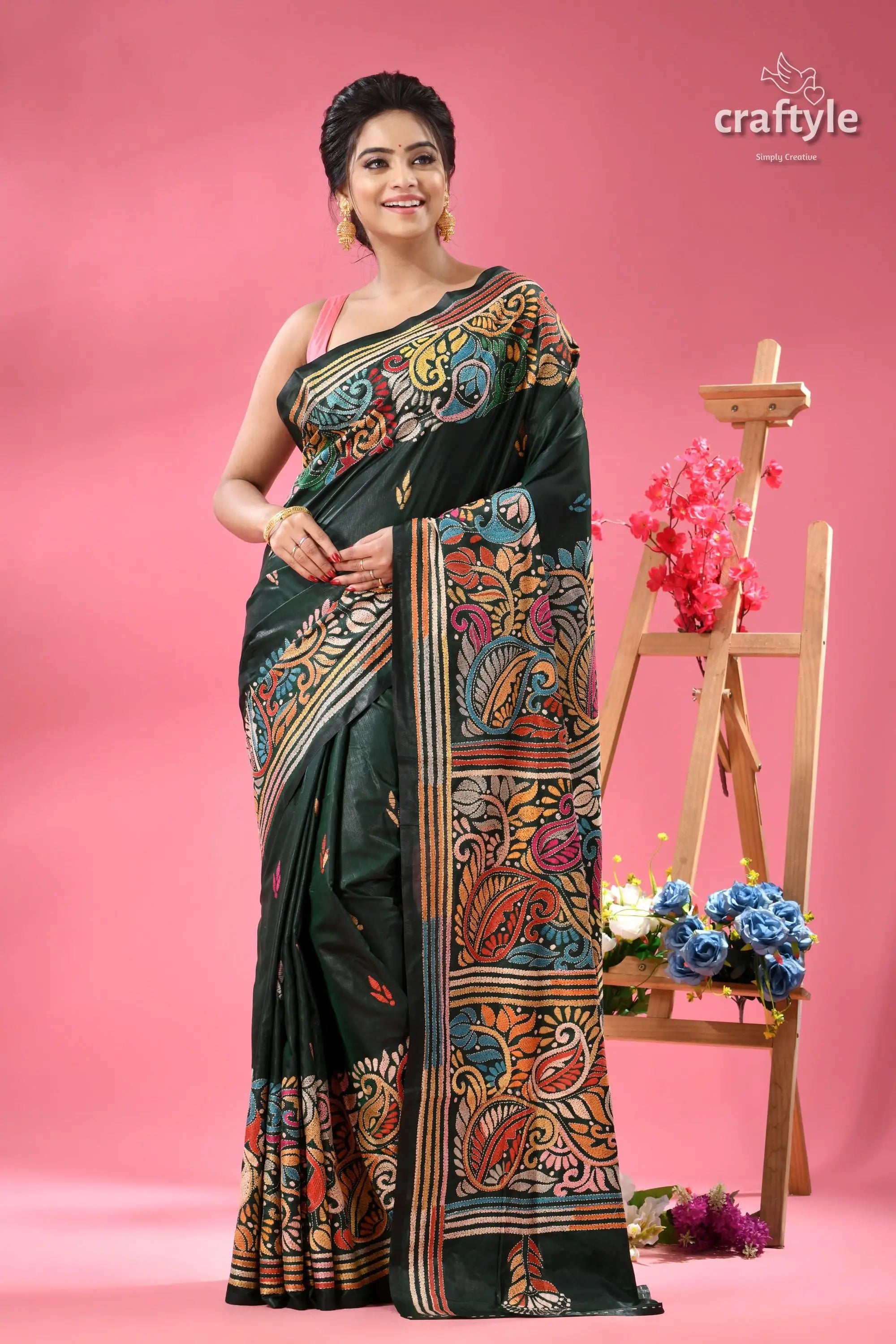 Timber green multi thread beautiful silk kantha saree woman dark green saree colorful 6