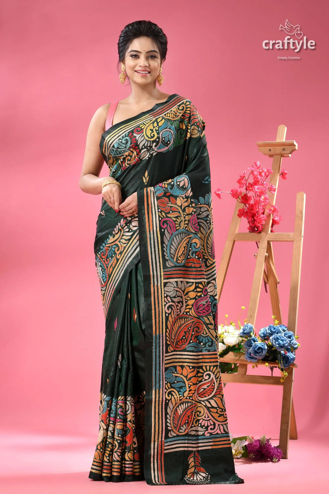 Timber green multi thread beautiful silk kantha saree woman dark green saree colorful 1