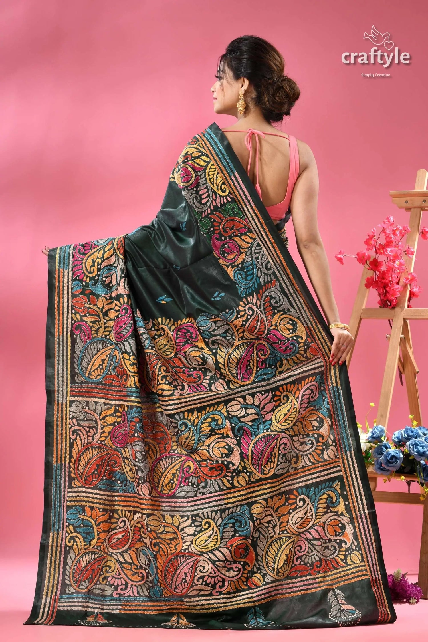 Timber green multi thread beautiful silk kantha saree dark green silk saree colorful 5