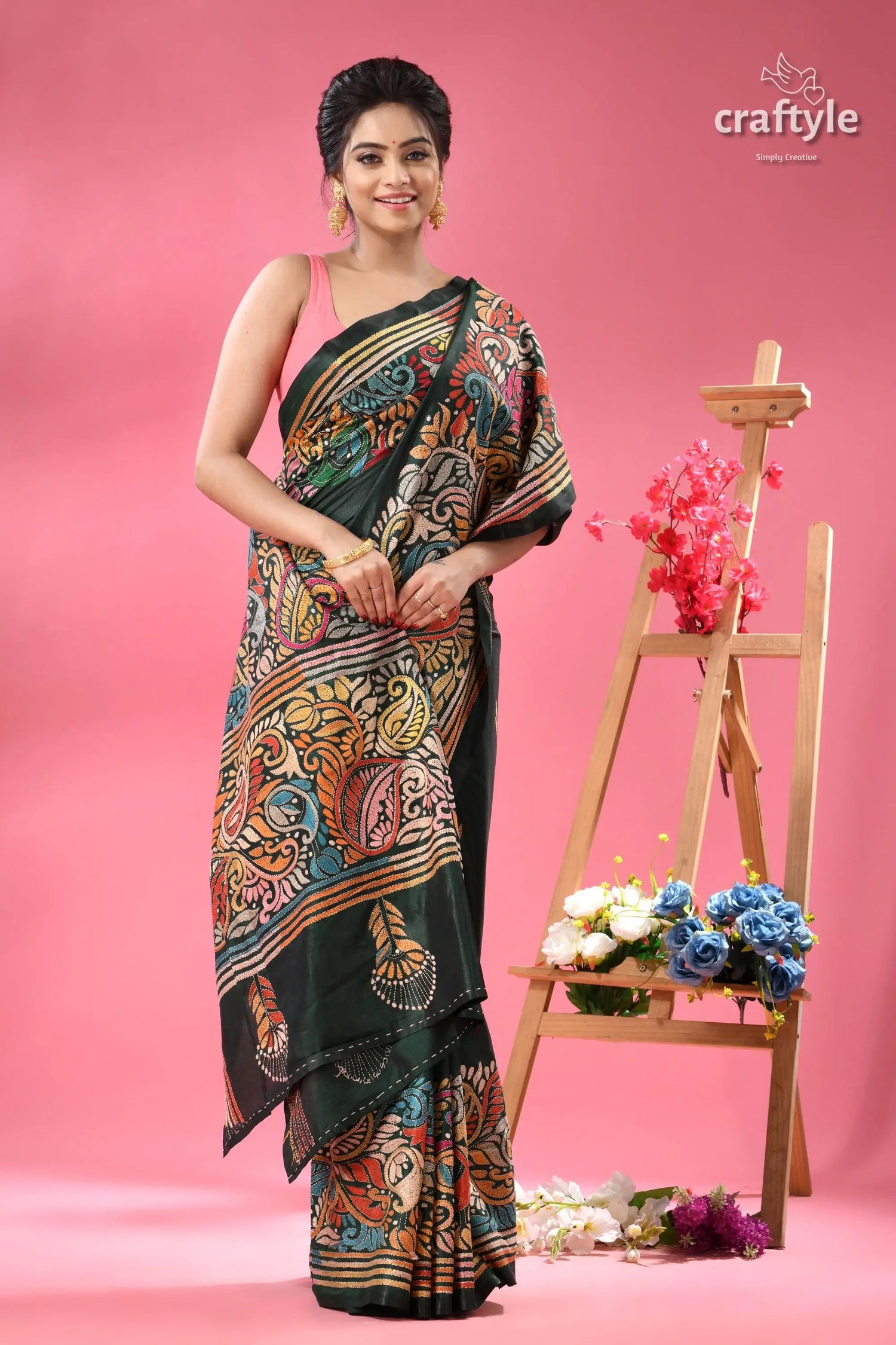 Timber green multi thread beautiful silk kantha saree dark green saree vibrant multicolored 3