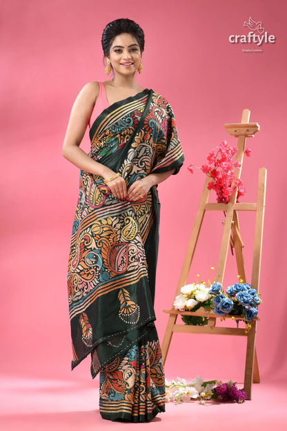 Timber green multi thread beautiful silk kantha saree dark green saree vibrant multicolored 3