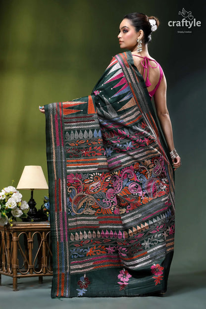 Timber green multi-thread embroidery designer silk kantha saree dark green hand-embroidered saree intricate 6