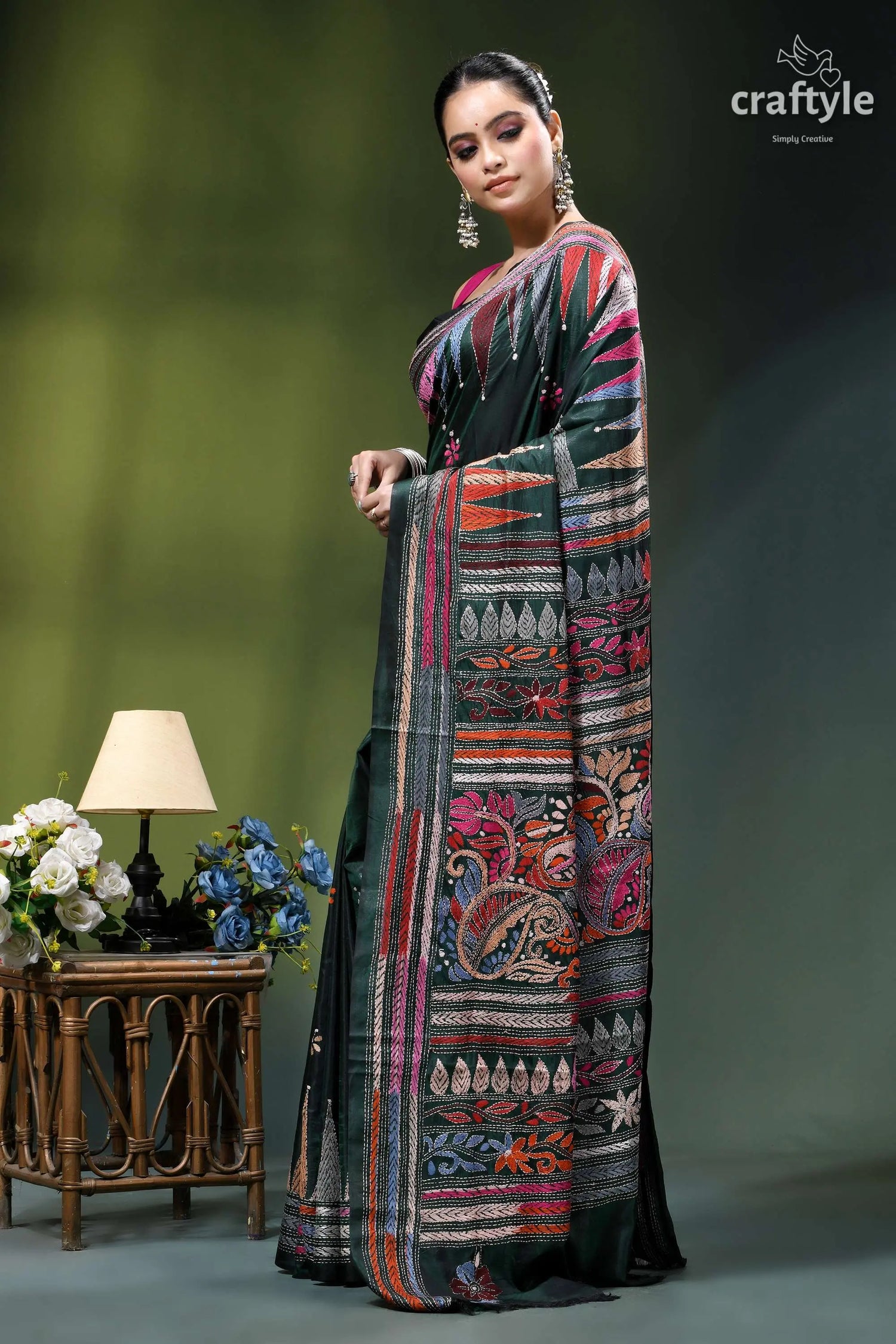 Timber green multi-thread embroidery designer silk kantha saree black silk saree intricate multicolored 3