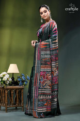 Timber green multi-thread embroidery designer silk kantha saree black silk saree intricate multicolored 3